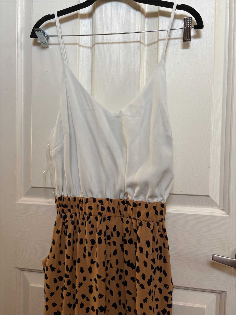 White & Tan Spotted Jumpsuit with Spaghetti Straps